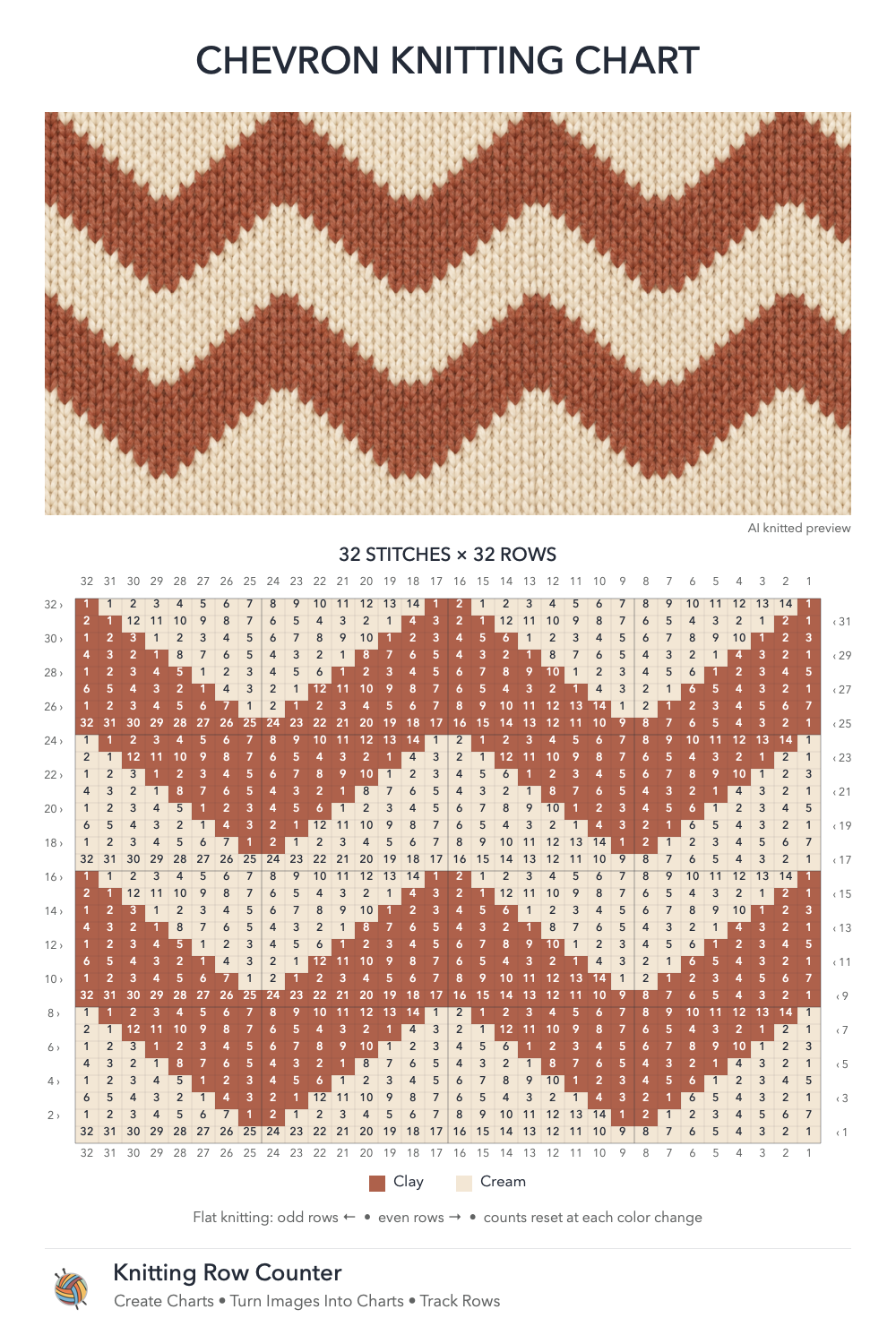 Chevron knitting chart in Clay, Cream, with a numbered grid and illustrative knitted preview