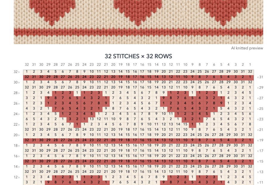 Coral Heart knitting chart in Cream, Coral with a 32-stitch by 32-row numbered grid, AI knitted preview illustration and color key