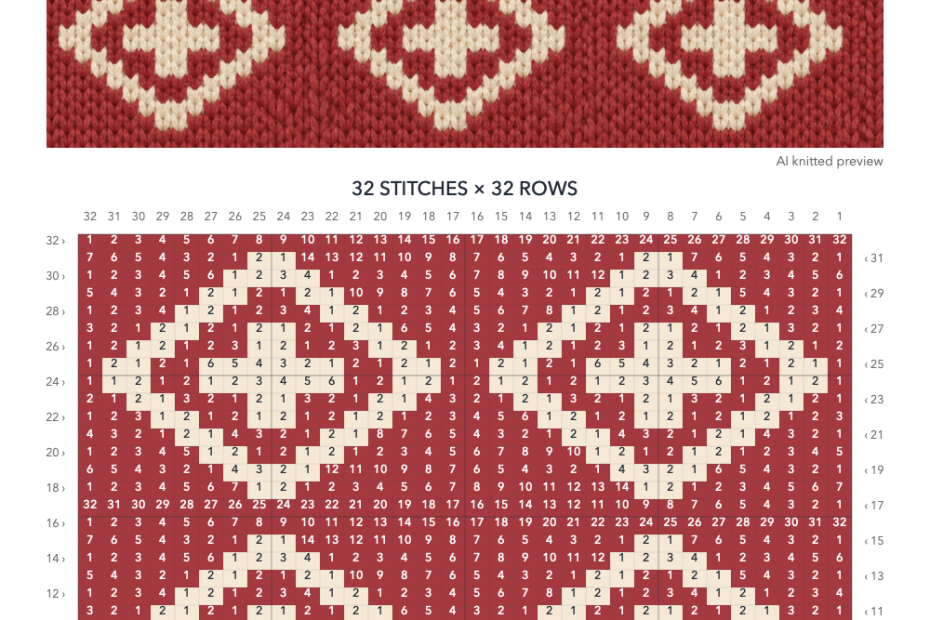 Diamond and Cross knitting chart in Red, Cream with a 32-stitch by 32-row numbered grid, illustrative knitted preview and color key