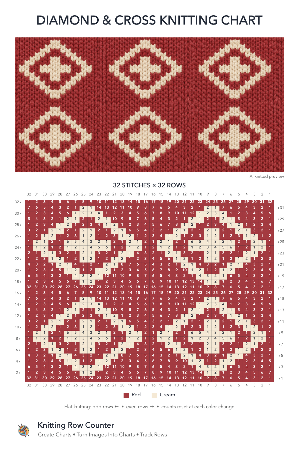 Diamond and Cross knitting chart in Red, Cream, with a numbered grid and illustrative knitted preview