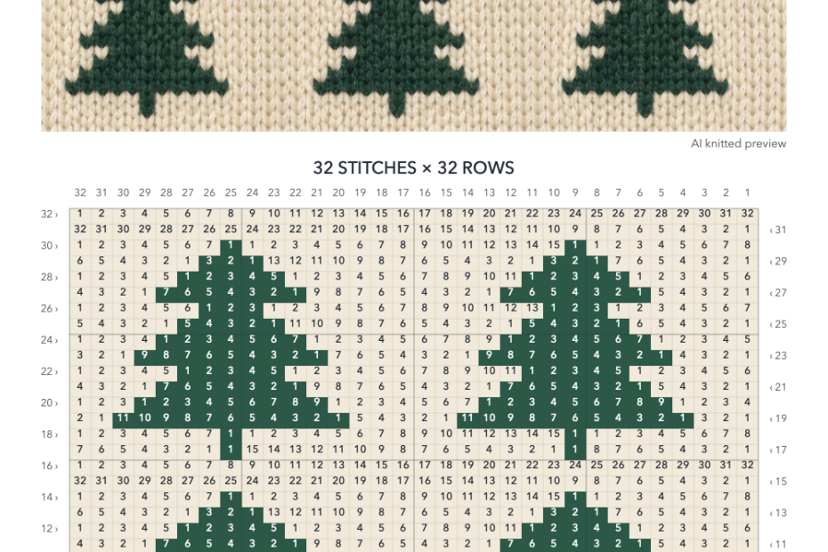 Fir Tree knitting chart in Cream, Forest green with a 32-stitch by 32-row numbered grid, color key and illustrative knitted preview