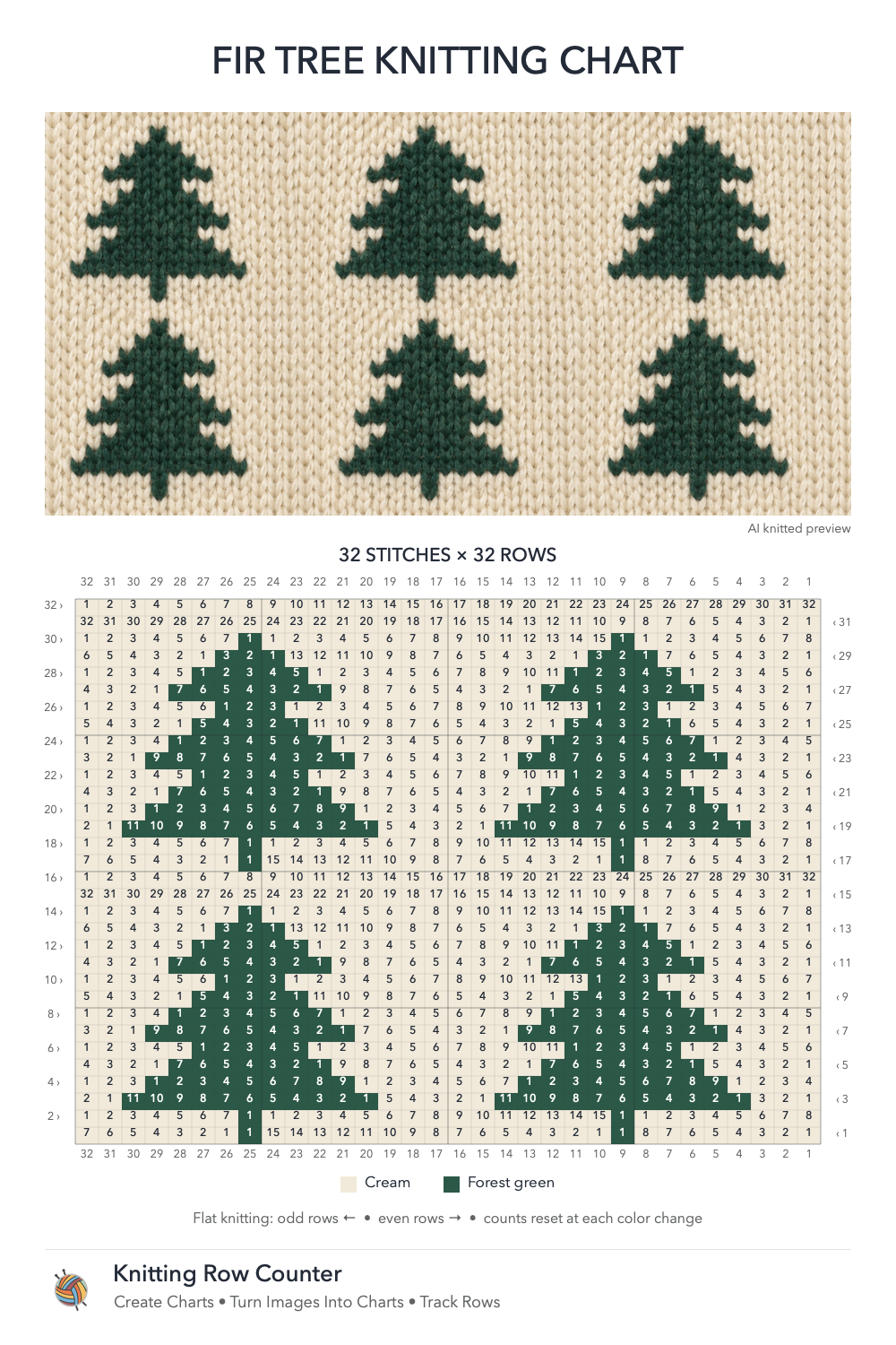 Fir Tree knitting chart in Cream, Forest green, with a numbered grid and illustrative knitted preview
