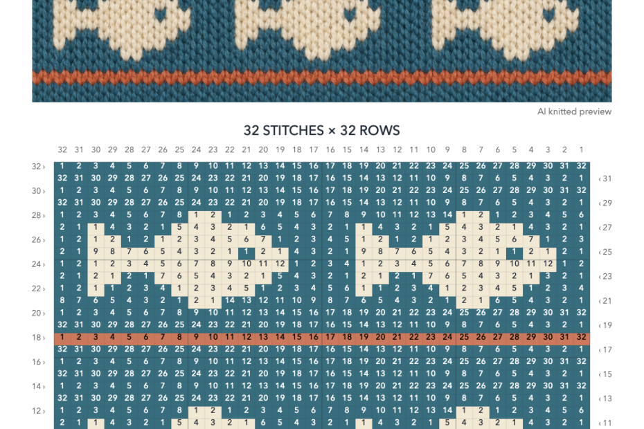 Fish Bands knitting chart in Sea blue, Cream, Coral with a 32-stitch by 32-row numbered grid, AI knitted preview illustration and color key