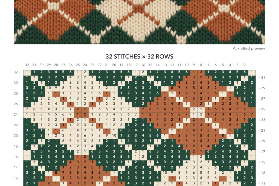 Forest Argyle knitting chart in Forest, Cream, Copper with a 32-stitch by 32-row numbered grid, AI knitted preview illustration and color key