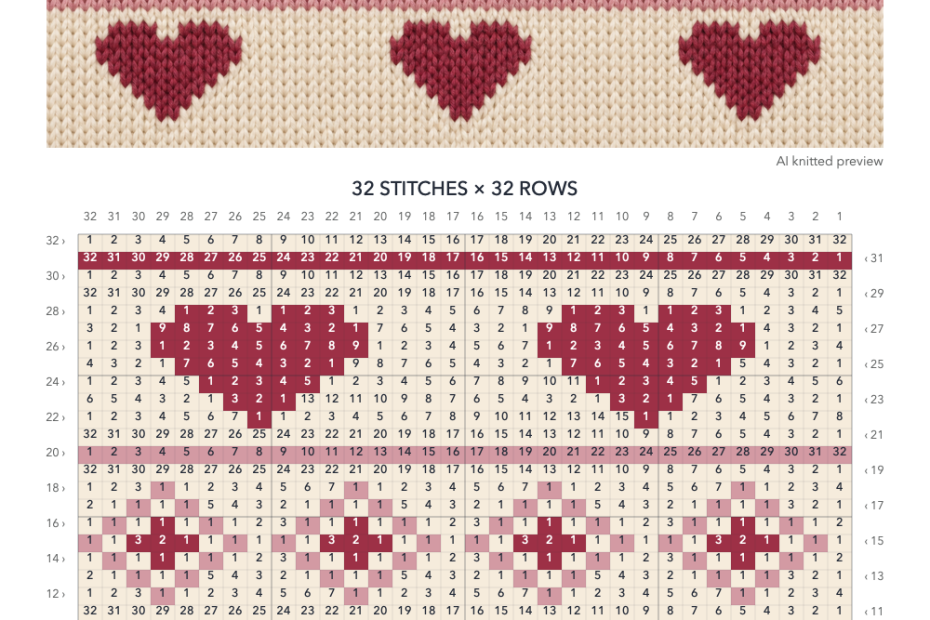 Hearts and Diamonds knitting chart in Cream, Cranberry, Rose with a 32-stitch by 32-row numbered grid, AI knitted preview illustration and color key