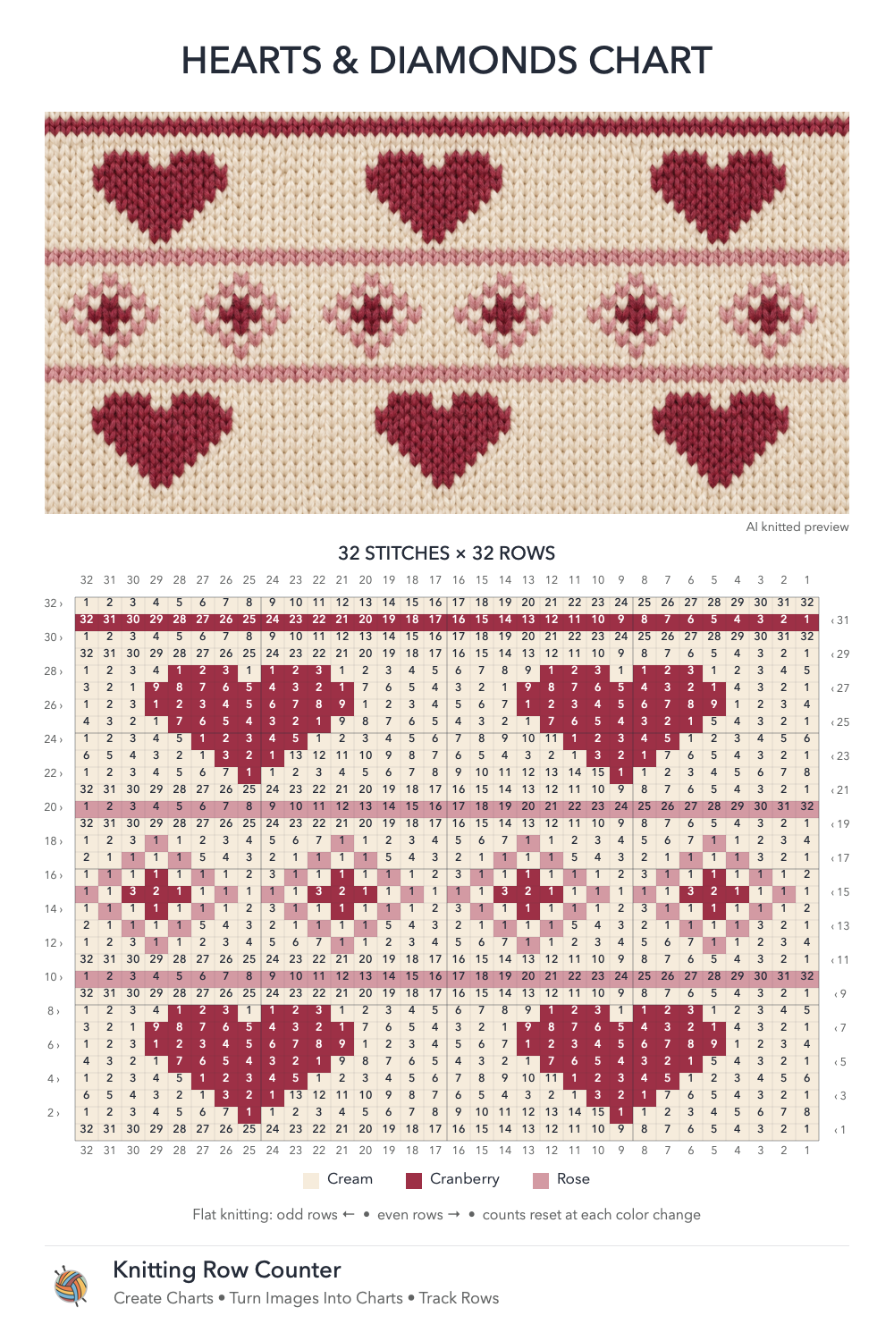 Hearts and Diamonds knitting chart in Cream, Cranberry, Rose, with a numbered grid and illustrative knitted preview