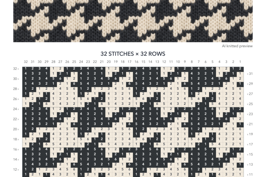 Houndstooth knitting chart in Charcoal, Ivory with a 32-stitch by 32-row numbered grid, illustrative knitted preview and color key