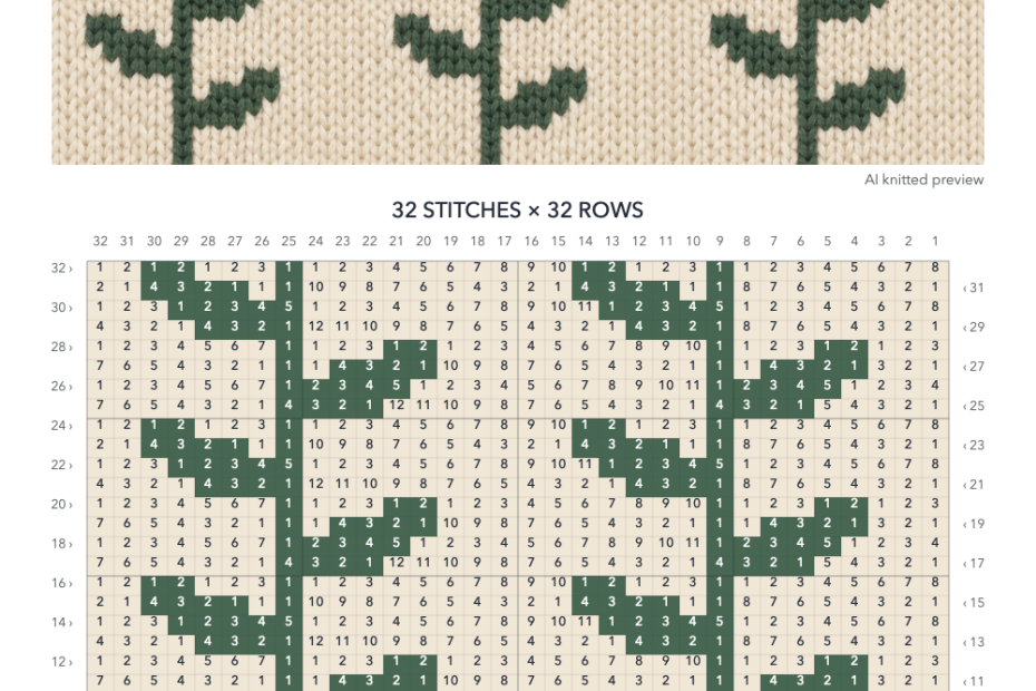 Leaf Vines knitting chart in Oat, Sage with a 32-stitch by 32-row numbered grid, color key and illustrative knitted preview