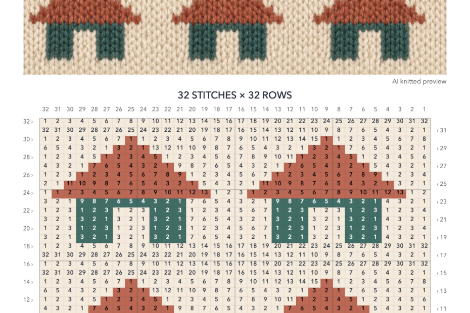 Little Houses knitting chart in Cream, Clay, Pine with a 32-stitch by 32-row numbered grid, AI knitted preview illustration and color key