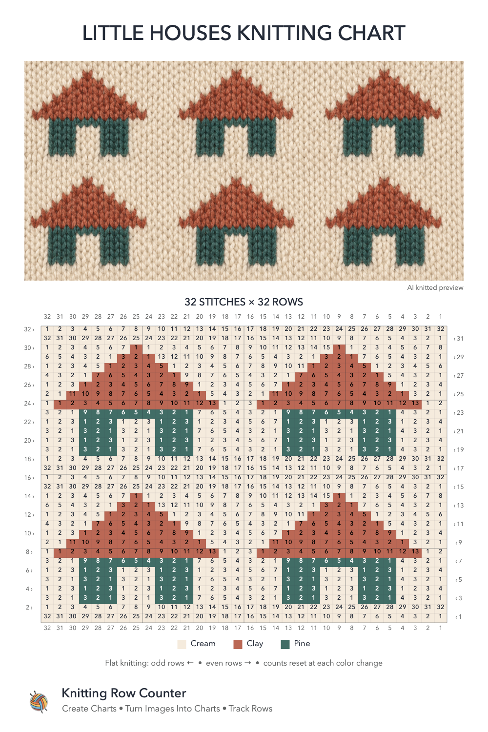 Little Houses knitting chart in Cream, Clay, Pine, with a numbered grid and illustrative knitted preview