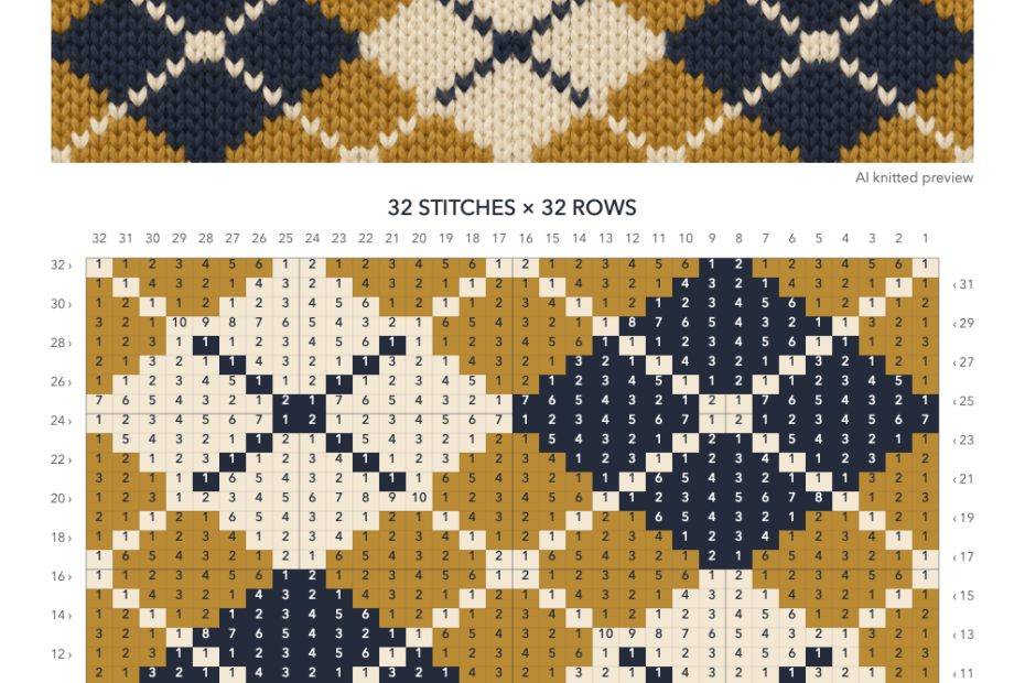 Mustard Argyle knitting chart in Mustard, Cream, Navy with a 32-stitch by 32-row numbered grid, AI knitted preview illustration and color key