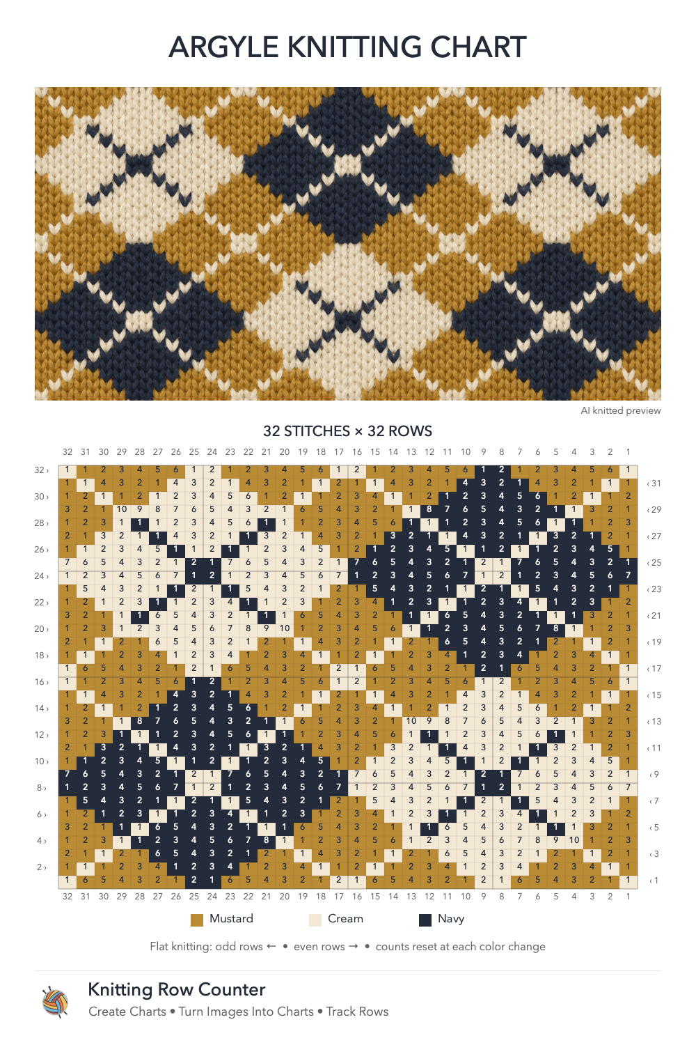 Mustard Argyle knitting chart in Mustard, Cream, Navy, with a numbered grid and illustrative knitted preview