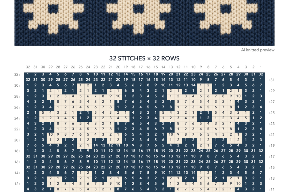 Navy-and-cream Nordic Star knitting chart with a 32-stitch by 32-row numbered grid, a knitted illustration and a color key