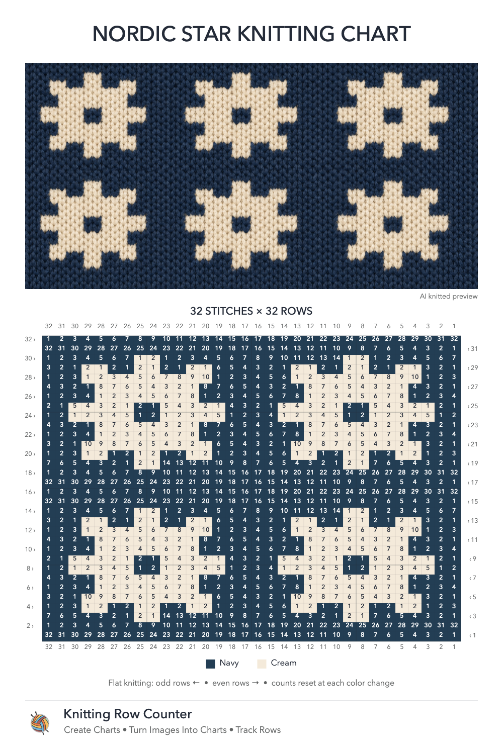 Nordic Star knitting chart in Navy, Cream, with a numbered grid and illustrative knitted preview