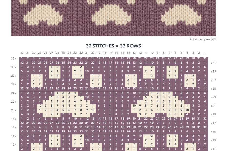Paw Print knitting chart in Mauve, Cream with a 32-stitch by 32-row numbered grid, color key and illustrative knitted preview