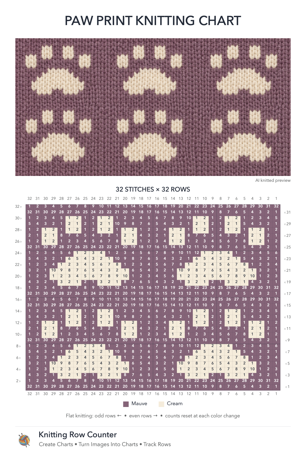 Paw Print knitting chart in Mauve, Cream, with a numbered grid and illustrative knitted preview