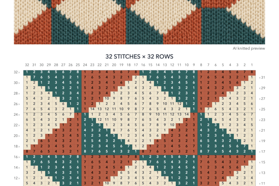 Pinwheel knitting chart in Cream, Teal, Rust with a 32-stitch by 32-row numbered grid, illustrative knitted preview and color key