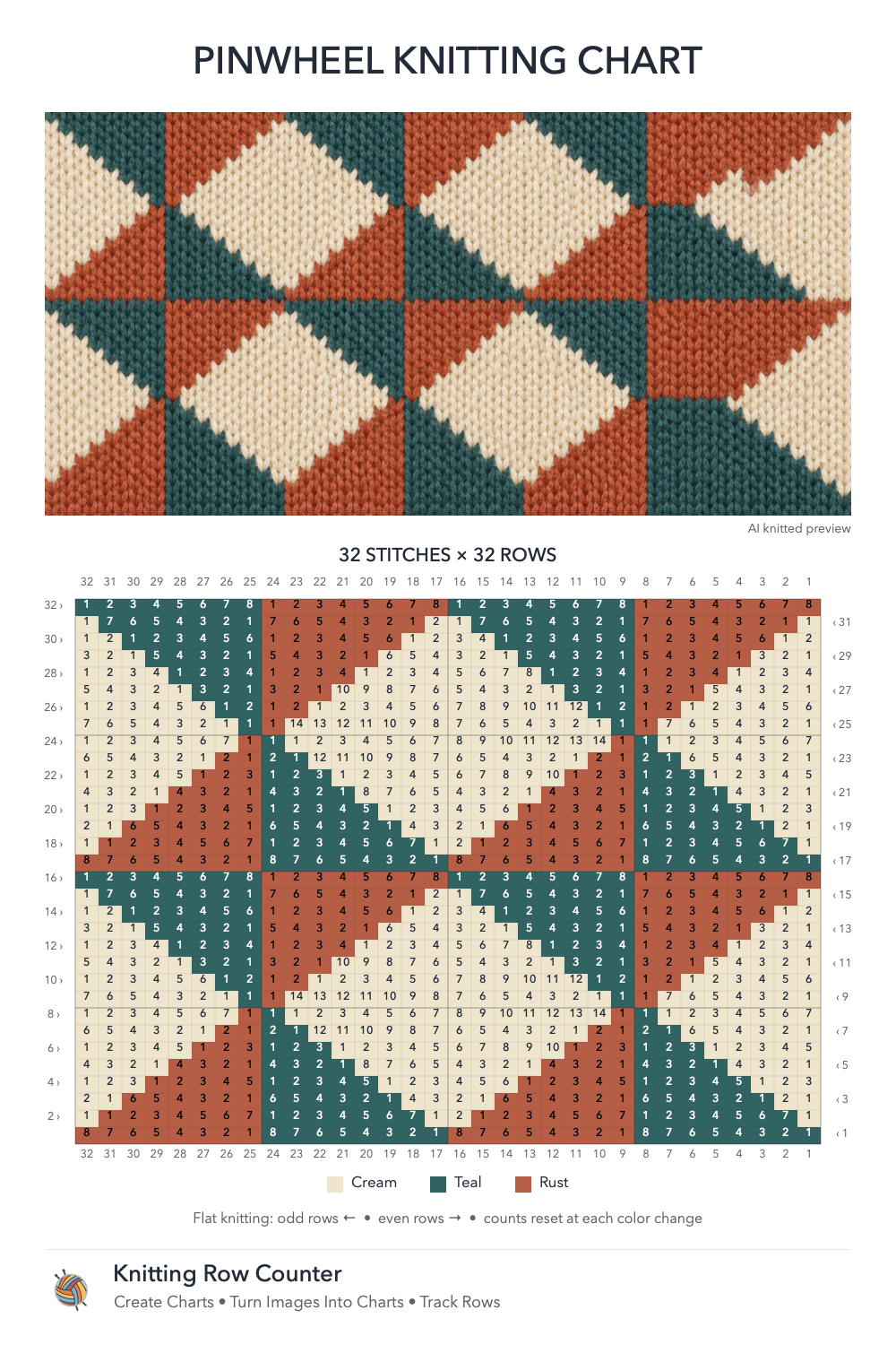 Pinwheel knitting chart in Cream, Teal, Rust, with a numbered grid and illustrative knitted preview