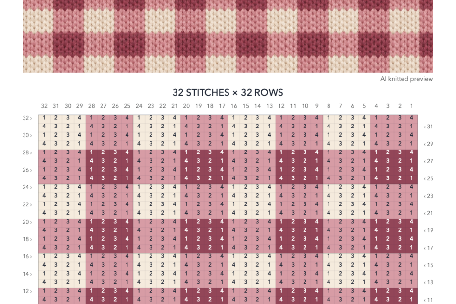Rose Gingham knitting chart in Cream, Blush, Rose with a 32-stitch by 32-row numbered grid, illustrative knitted preview and color key