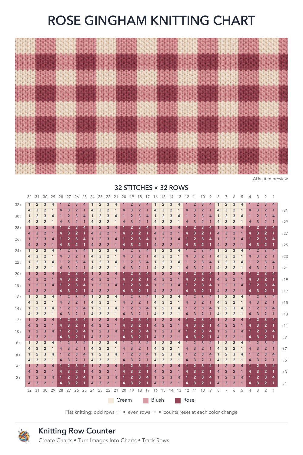 Rose Gingham knitting chart in Cream, Blush, Rose, with a numbered grid and illustrative knitted preview