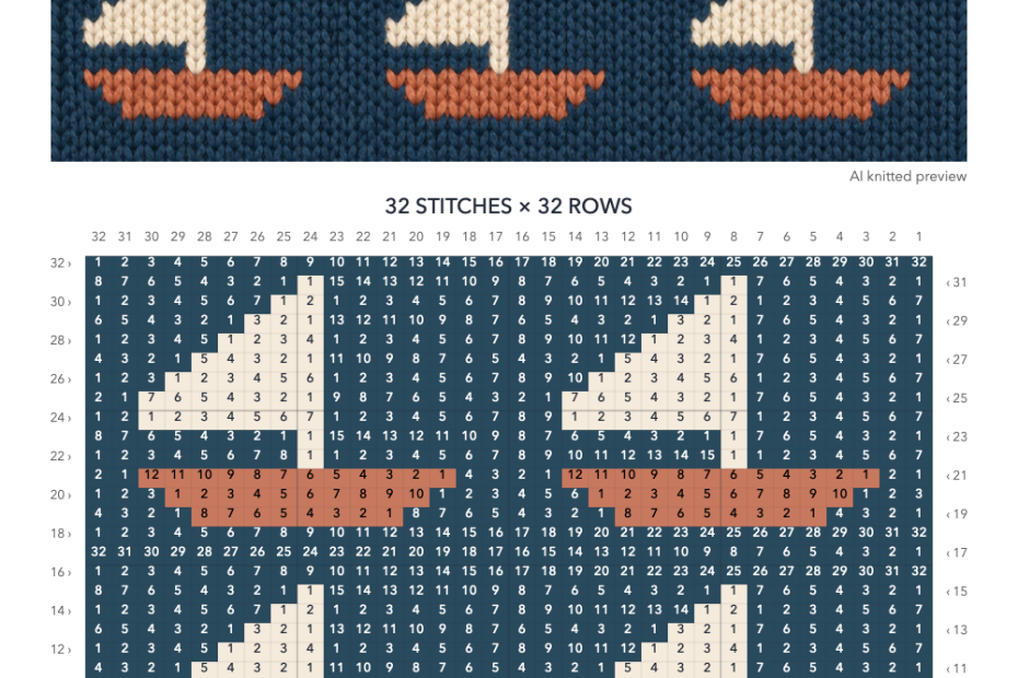 Sailboat knitting chart in Navy, Cream, Terracotta with a 32-stitch by 32-row numbered grid, AI knitted preview illustration and color key