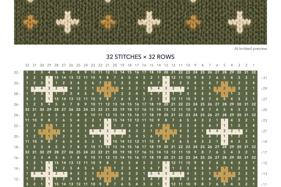 Scandi Cross knitting chart in Olive, Cream, Gold with a 32-stitch by 32-row numbered grid, AI knitted preview illustration and color key
