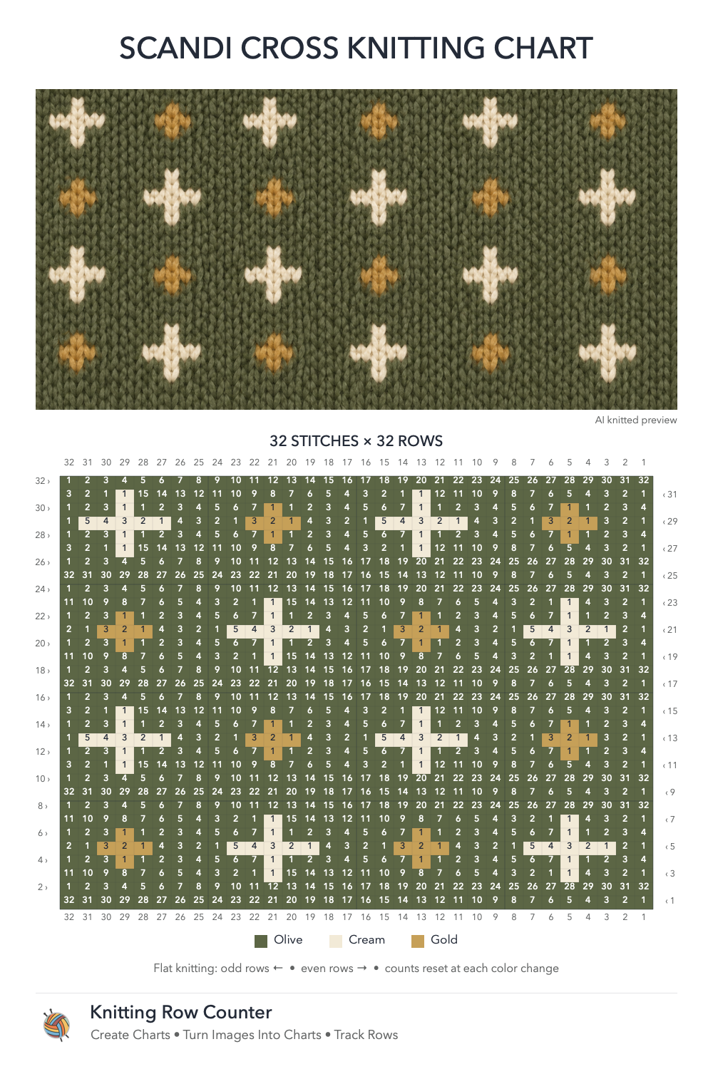 Scandi Cross knitting chart in Olive, Cream, Gold, with a numbered grid and illustrative knitted preview