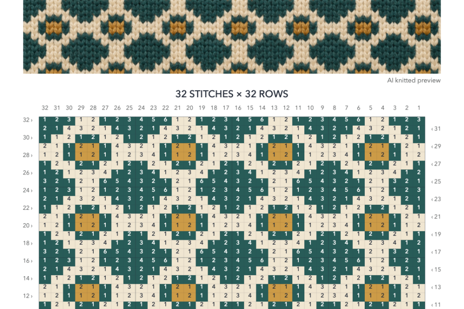 Small Diamond knitting chart in Teal, Cream, Gold with a 32-stitch by 32-row numbered grid, illustrative knitted preview and color key