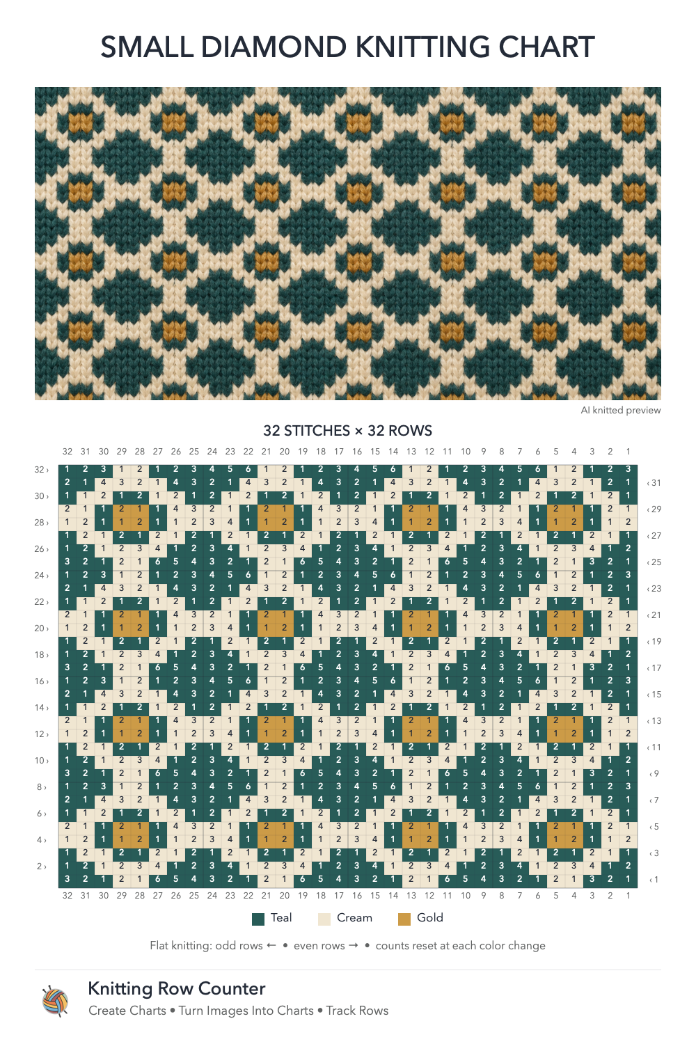Small Diamond knitting chart in Teal, Cream, Gold, with a numbered grid and illustrative knitted preview