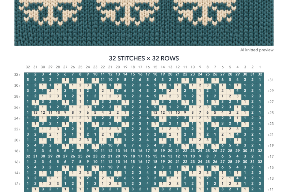 Ice Teal Snowflake knitting chart in Ice Teal, Cream with a 32-stitch by 32-row numbered grid, AI knitted preview illustration and color key