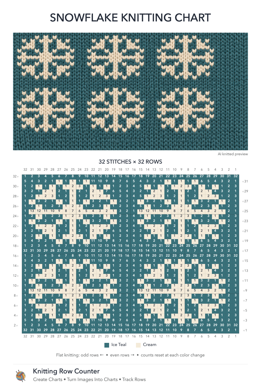 Ice Teal Snowflake knitting chart in Ice Teal, Cream, with a numbered grid and illustrative knitted preview