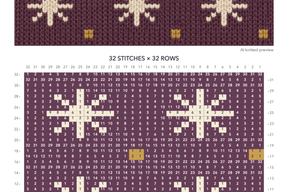 Stars and Dots knitting chart in Wine, Cream, Gold with a 32-stitch by 32-row numbered grid, AI knitted preview illustration and color key