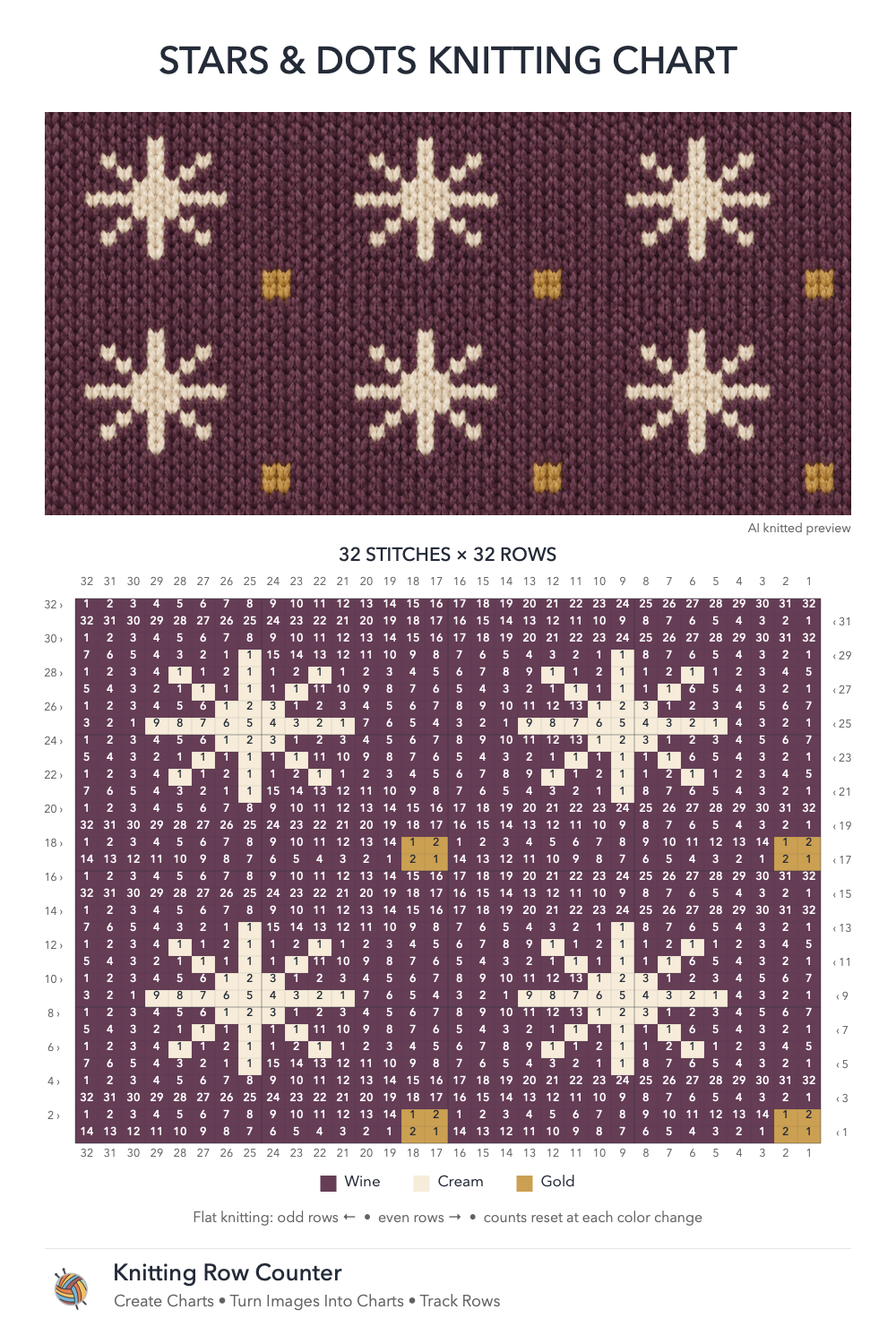 Stars and Dots knitting chart in Wine, Cream, Gold, with a numbered grid and illustrative knitted preview
