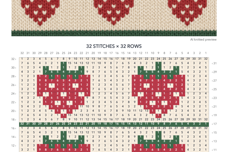 Strawberry knitting chart in Cream, Berry red, Leaf green with a 32-stitch by 32-row numbered grid, color key and illustrative knitted preview