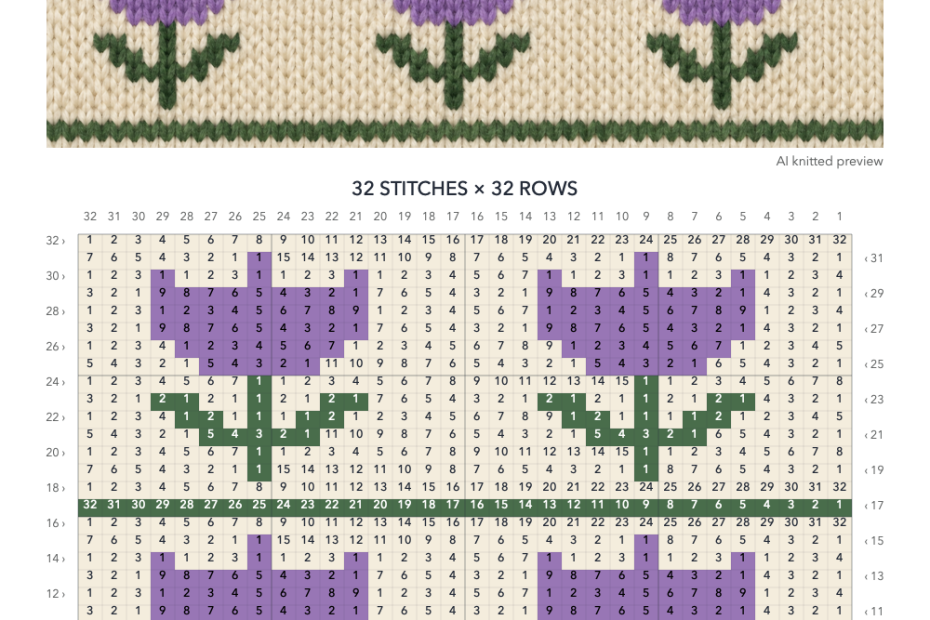 Tulip knitting chart in Cream, Lavender, Leaf green with a 32-stitch by 32-row numbered grid, color key and illustrative knitted preview