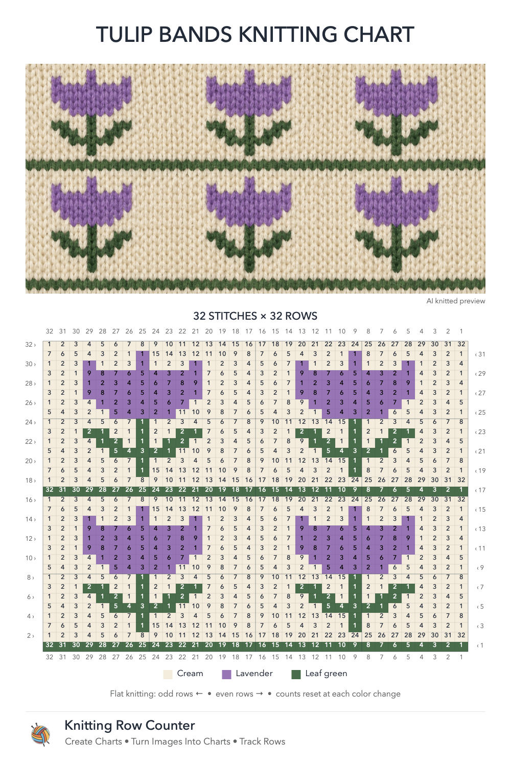 Tulip knitting chart in Cream, Lavender, Leaf green, with a numbered grid and illustrative knitted preview