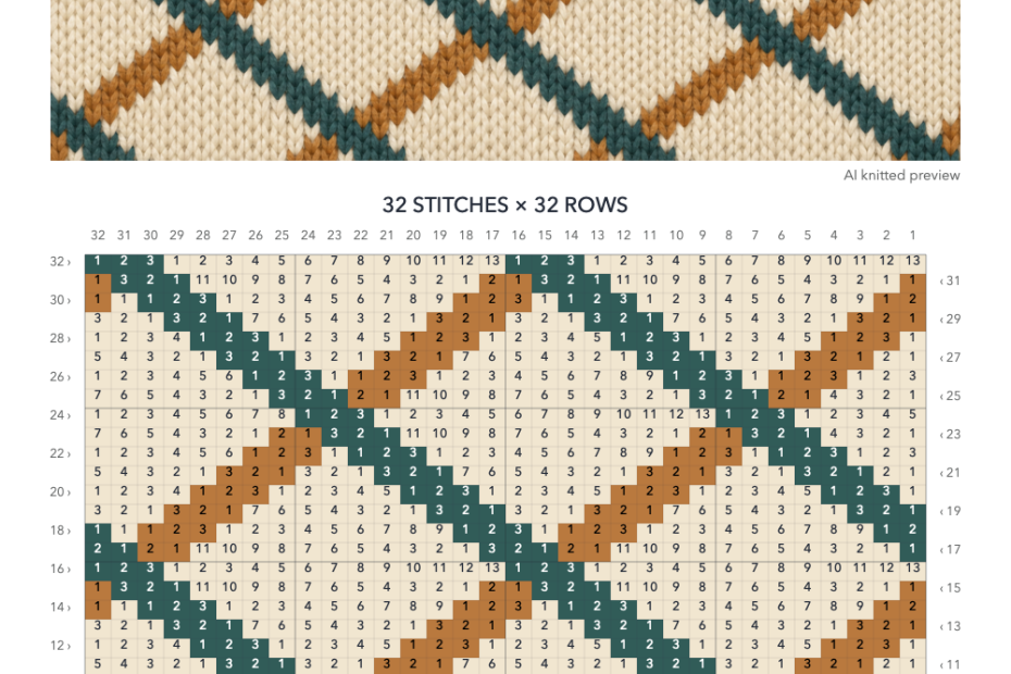 Woven Diamonds knitting chart in Cream, Teal, Ochre with a 32-stitch by 32-row numbered grid, illustrative knitted preview and color key