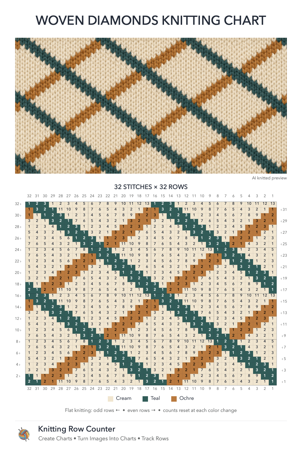 Woven Diamonds knitting chart in Cream, Teal, Ochre, with a numbered grid and illustrative knitted preview