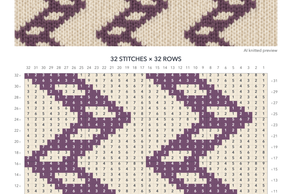Zigzag Ladders knitting chart in Plum, Cream with a 32-stitch by 32-row numbered grid, illustrative knitted preview and color key