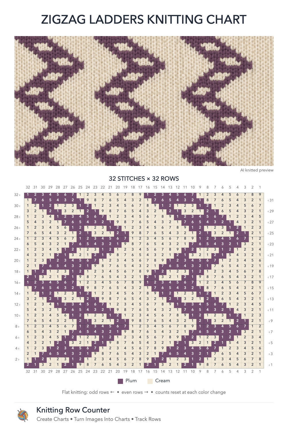 Zigzag Ladders knitting chart in Plum, Cream, with a numbered grid and illustrative knitted preview
