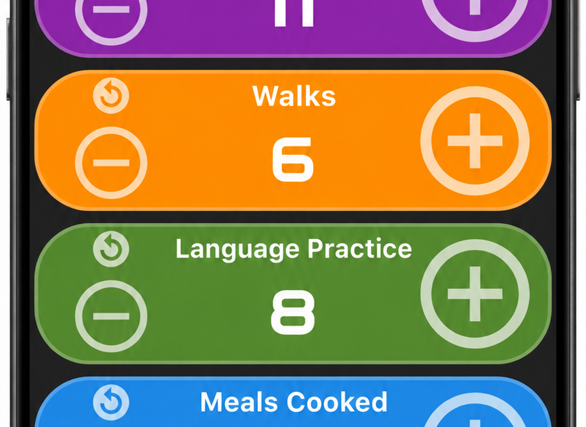 Multi Counter April Habits example with 11 reading sessions, 6 walks, 8 language practice sessions, 5 meals cooked and 12 cups of coffee.