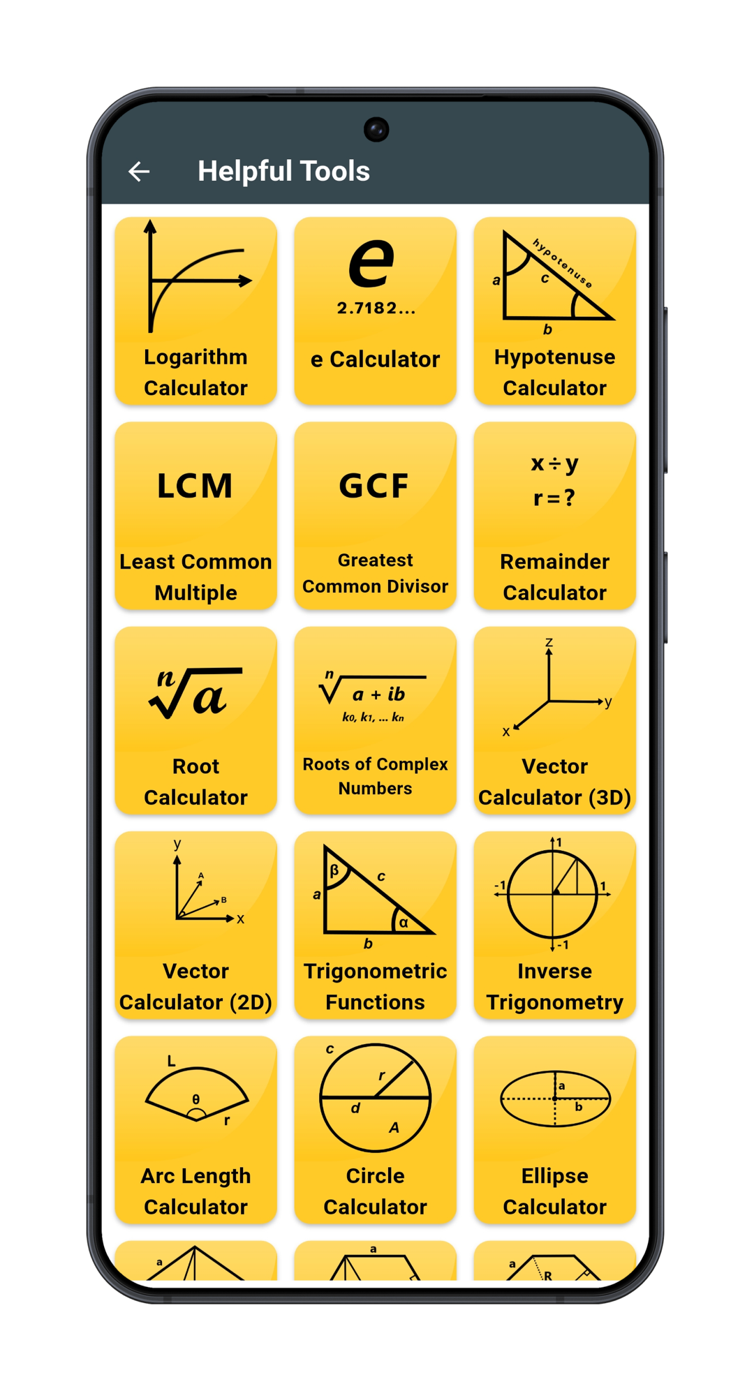Helpful Tools screen showing logarithm, hypotenuse, roots, vector, trigonometry, arc, circle, and ellipse calculators