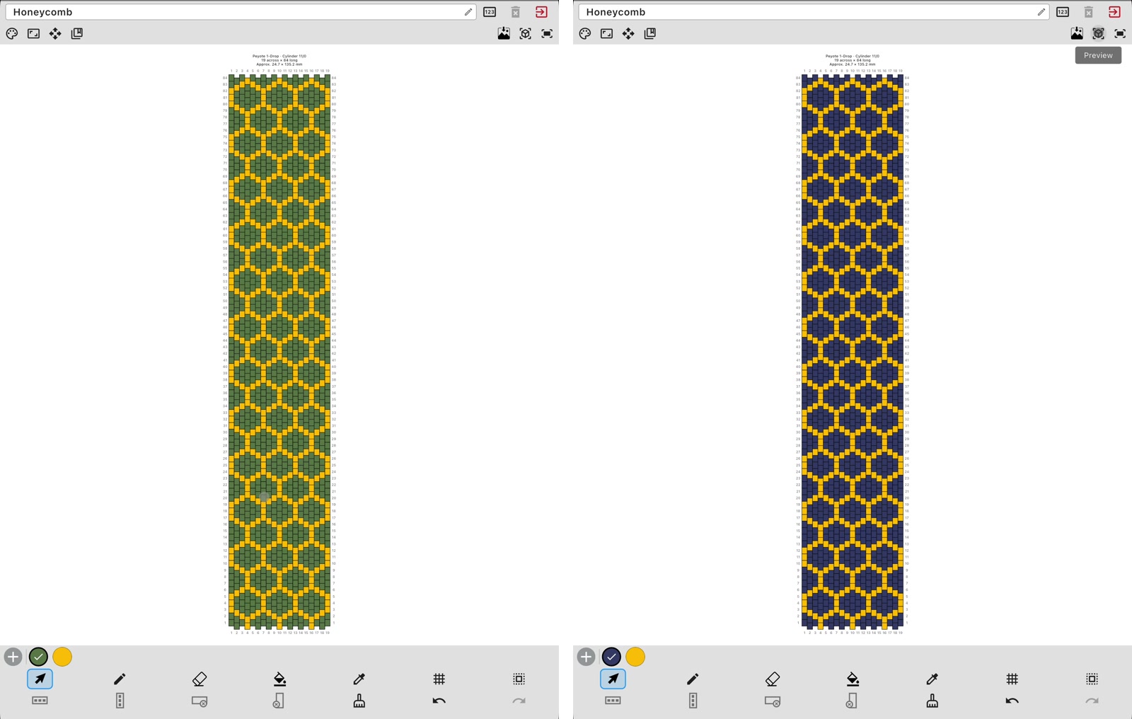 Honeycomb bead pattern before and after replacing its moss background with navy.