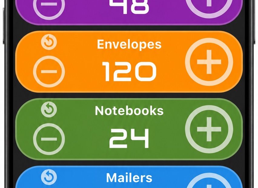 Multi Counter inventory example with separate counters for 48 blue pens, 120 envelopes, 24 notebooks, 36 mailers and 8 tape rolls.