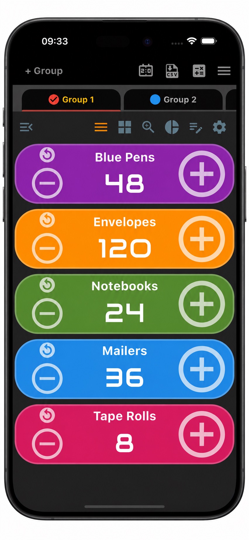 Multi Counter inventory example with separate counters for 48 blue pens, 120 envelopes, 24 notebooks, 36 mailers and 8 tape rolls.