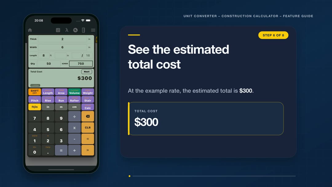 Lumber cost calculator showing a 300 dollar estimate for 400 board feet at 750 dollars per thousand board feet