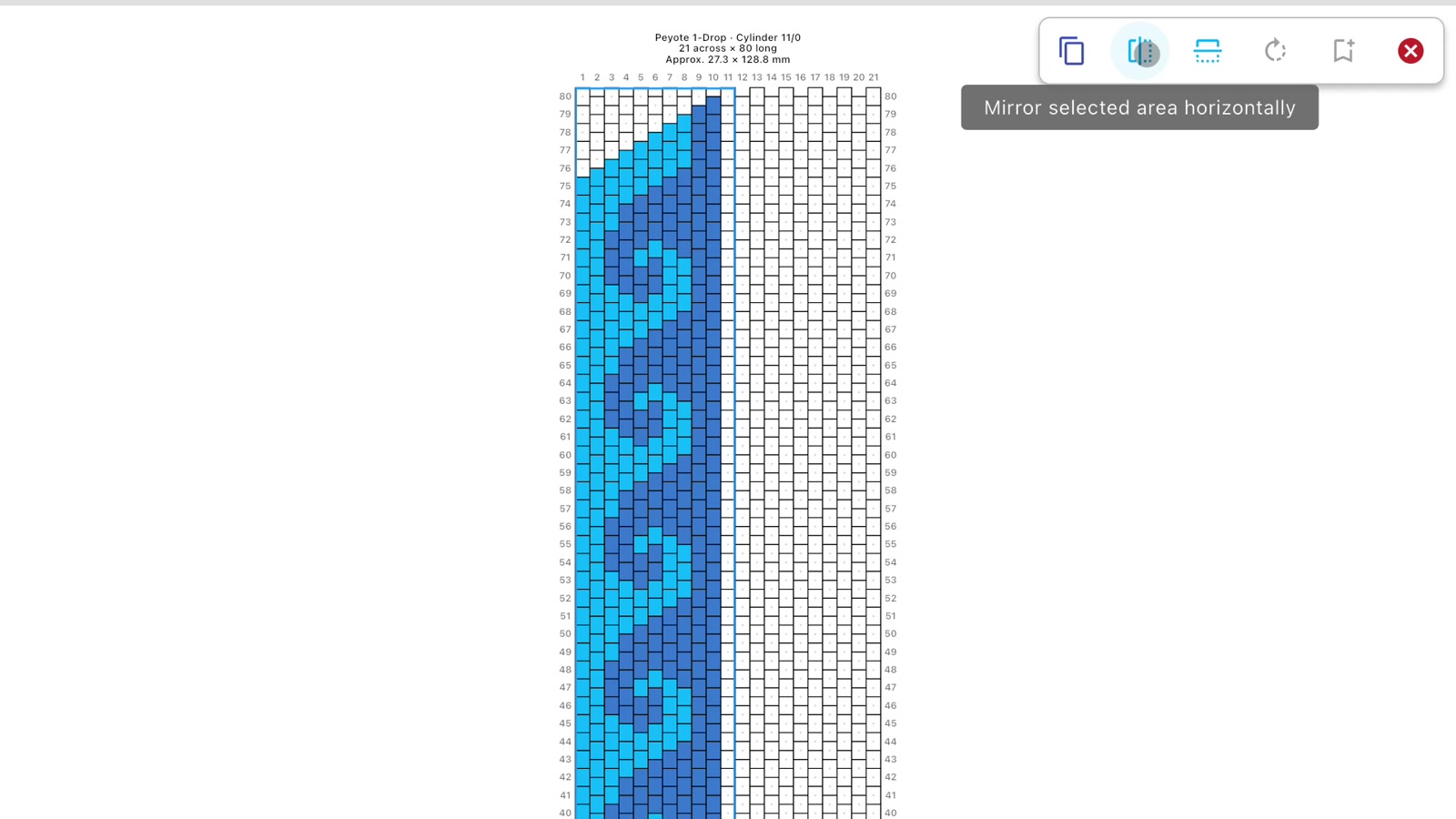 Half of the Harmony Swirls Peyote design selected with the horizontal mirror action highlighted.
