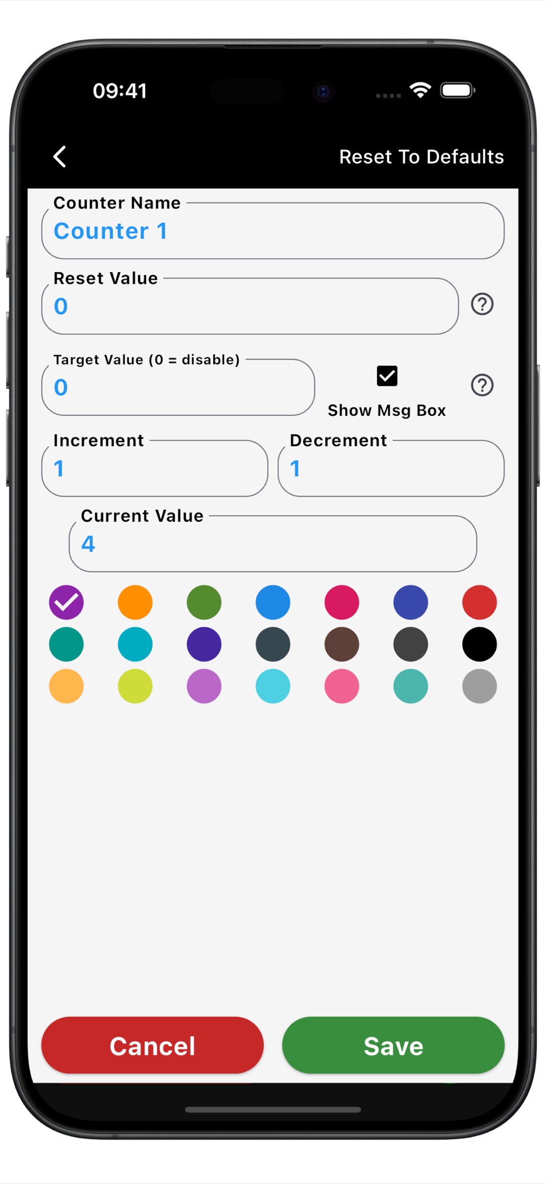 Multi Counter settings showing the counter name, reset value, increment and decrement of one, editable current value and color choices.