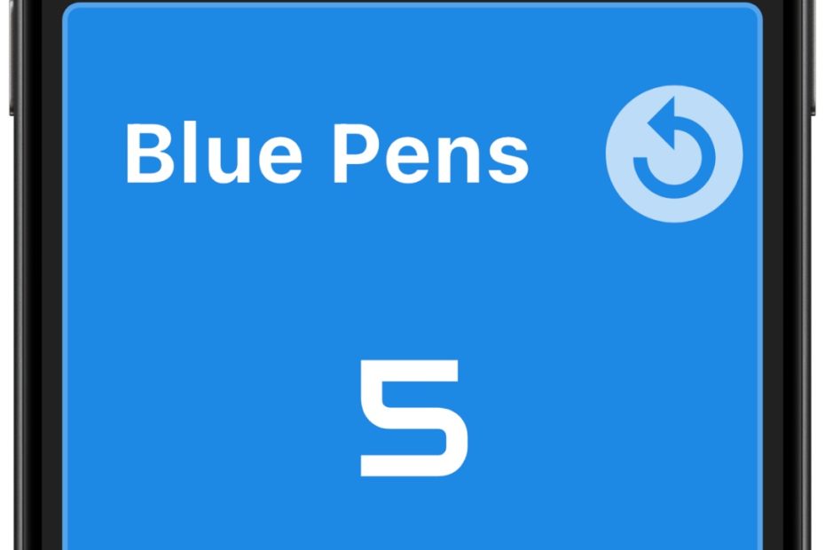 Multi Counter single view showing the Blue Pens counter at 5, large plus and minus controls, Work and Fitness groups and an optional timer.