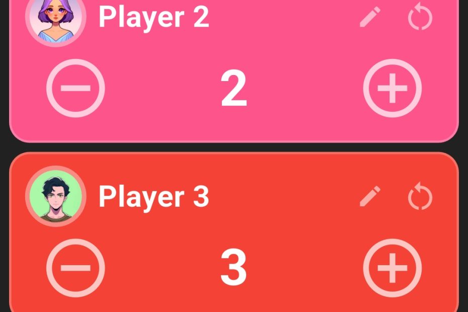 Multi Player scoreboard with colored player cards, avatars, individual scores, plus and minus controls and a timer above the list.